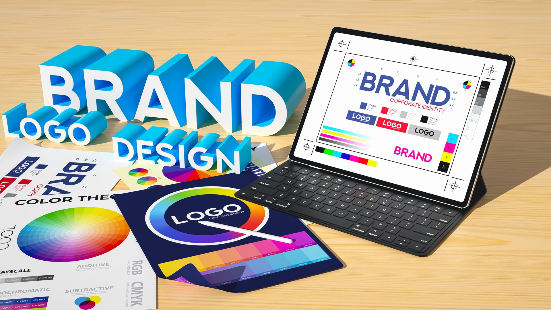 3D Brand Text and Digital Tablet with Design Elements. Includes Color Selection, Graphic Design Symbols, and Brand Text on Screen. Paper Sheets with Logo Design and Color Theory Spread Across the Surface. Brand Design Concept. 3D Rendering.